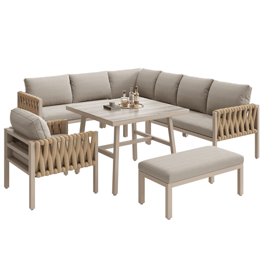 Conjunto de mobiliário de jardim - Sofá de canto, mesa de vidro temperado, estrutura metálica, almofadas incluídas - Bege