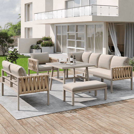 Conjunto de mobiliário de jardim - Sofá de canto, mesa de vidro temperado, estrutura metálica, almofadas incluídas - Bege