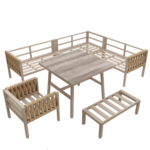 Conjunto de mobiliário de jardim - Sofá de canto, mesa de vidro temperado, estrutura metálica, almofadas incluídas - Bege