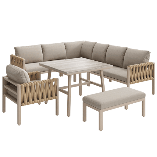 Conjunto de mobiliário de jardim - Sofá de canto, mesa de vidro temperado, estrutura metálica, almofadas incluídas - Bege