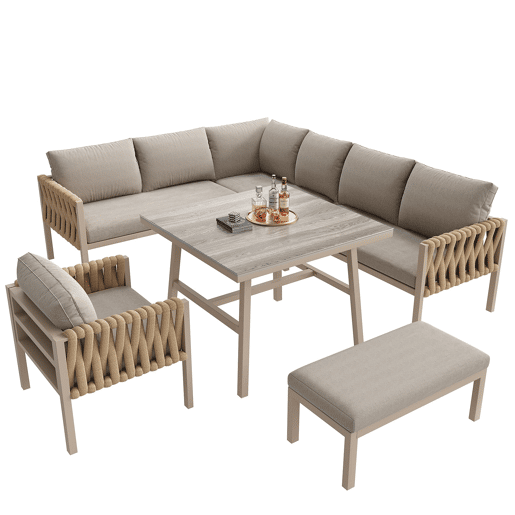 Conjunto de mobiliário de jardim - Sofá de canto, mesa de vidro temperado, estrutura metálica, almofadas incluídas - Bege