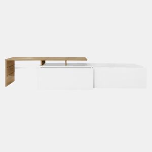 Móvel de TV moderno170 cm - design elegante, arrumação prática, branco brilhante, imitação de madeira, prateleiras de vidro, iluminação LED - branco + natural