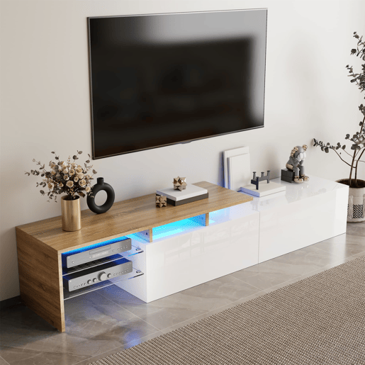 Móvel de TV moderno170 cm - design elegante, arrumação prática, branco brilhante, imitação de madeira, prateleiras de vidro, iluminação LED - branco + natural Móvel de TV moderno170 cm - design elegante, arrumação prática, branco brilhante, imitação de madeira, prateleiras de vidro, iluminação LED - branco + natural