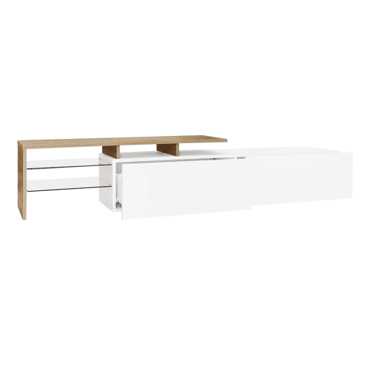 Móvel de TV moderno170 cm - design elegante, arrumação prática, branco brilhante, imitação de madeira, prateleiras de vidro, iluminação LED - branco + natural Móvel de TV moderno170 cm - design elegante, arrumação prática, branco brilhante, imitação de madeira, prateleiras de vidro, iluminação LED - branco + natural