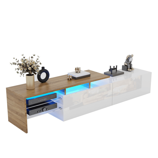 Móvel de TV moderno170 cm - design elegante, arrumação prática, branco brilhante, imitação de madeira, prateleiras de vidro, iluminação LED - branco + natural Móvel de TV moderno170 cm - design elegante, arrumação prática, branco brilhante, imitação de madeira, prateleiras de vidro, iluminação LED - branco + natural