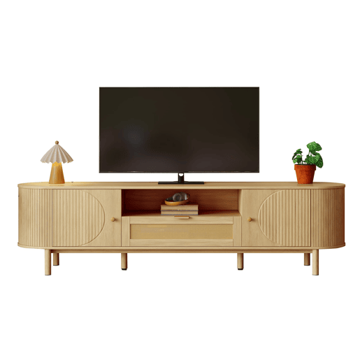 Móvel de TV - Design moderno - Com gavetas de rattan, prateleiras abertas e pés metálicos com acabamento em madeira - Natural Móvel de TV - Design moderno - Com gavetas de rattan, prateleiras abertas e pés metálicos com acabamento em madeira - Natural