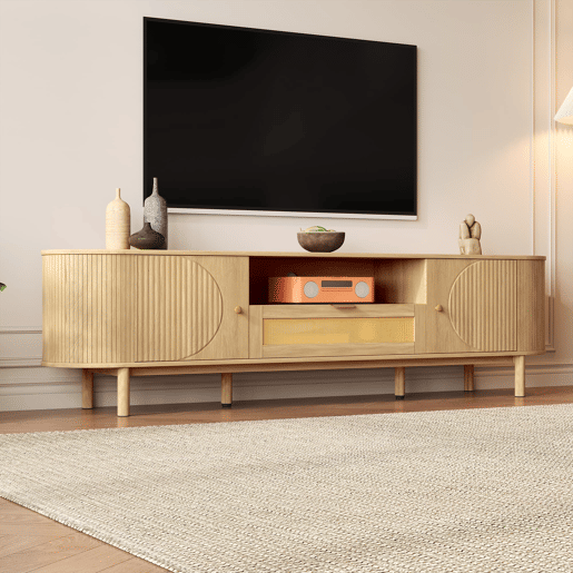 Móvel de TV - Design moderno - Com gavetas de rattan, prateleiras abertas e pés metálicos com acabamento em madeira - Natural Móvel de TV - Design moderno - Com gavetas de rattan, prateleiras abertas e pés metálicos com acabamento em madeira - Natural