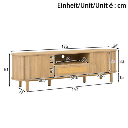 Móvel de TV - Design moderno - Com gavetas de rattan, prateleiras abertas e pés metálicos com acabamento em madeira - Natural Móvel de TV - Design moderno - Com gavetas de rattan, prateleiras abertas e pés metálicos com acabamento em madeira - Natural