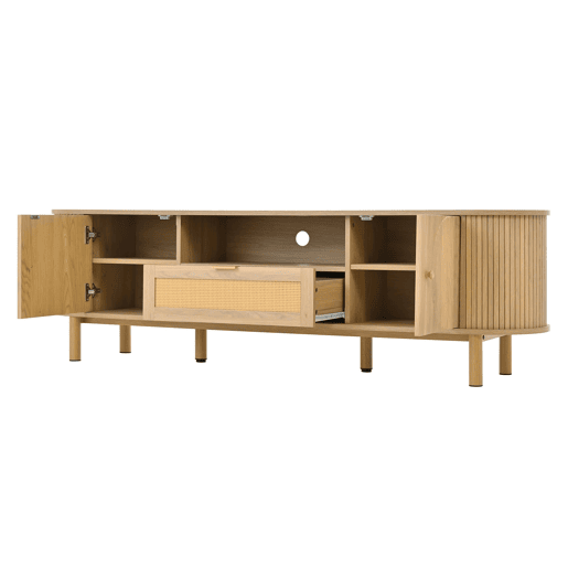 Móvel de TV - Design moderno - Com gavetas de rattan, prateleiras abertas e pés metálicos com acabamento em madeira - Natural Móvel de TV - Design moderno - Com gavetas de rattan, prateleiras abertas e pés metálicos com acabamento em madeira - Natural