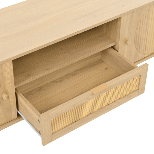 Móvel de TV - Design moderno - Com gavetas de rattan, prateleiras abertas e pés metálicos com acabamento em madeira - Natural Móvel de TV - Design moderno - Com gavetas de rattan, prateleiras abertas e pés metálicos com acabamento em madeira - Natural