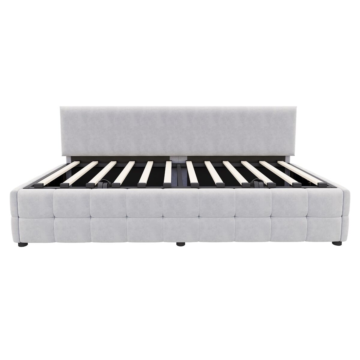Cama individual 90x200 cm - con almacenamiento hidráulico, respaldo sin brazos, diseño a cuadros - gris claro