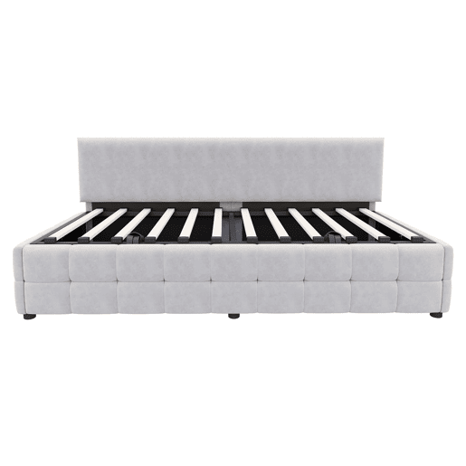 Cama individual 90x200 cm - Com arrumação hidráulica, encosto sem braços, design quadriculado - Cinza claro
