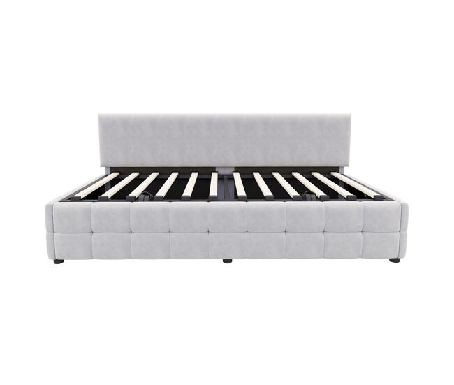 Cama individual 90x200 cm - con almacenamiento hidráulico, respaldo sin brazos, diseño a cuadros - gris claro