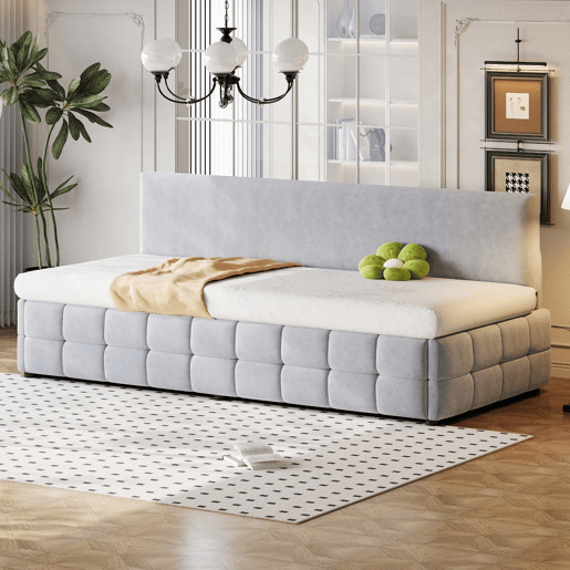 Cama individual 90x200 cm - Com arrumação hidráulica, encosto sem braços, design quadriculado - Cinza claro