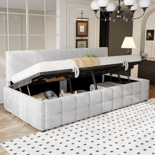 Cama individual 90x200 cm - Com arrumação hidráulica, encosto sem braços, design quadriculado - Cinza claro