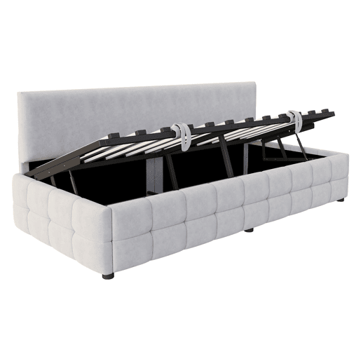 Cama individual 90x200 cm - Com arrumação hidráulica, encosto sem braços, design quadriculado - Cinza claro