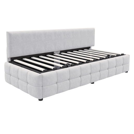 Cama individual 90x200 cm - Com arrumação hidráulica, encosto sem braços, design quadriculado - Cinza claro