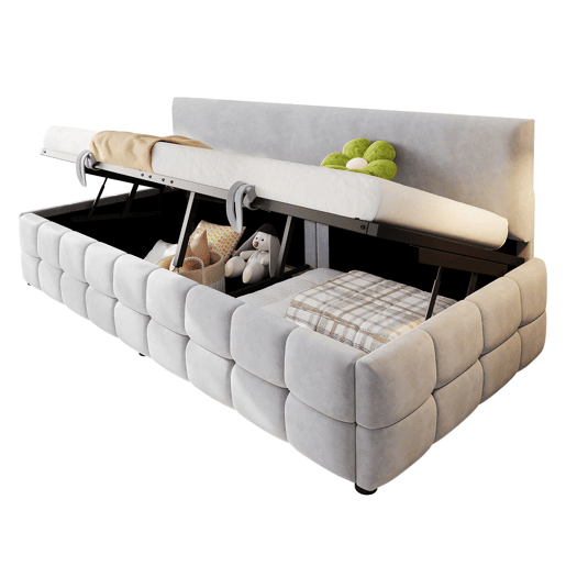 Cama individual 90x200 cm - Com arrumação hidráulica, encosto sem braços, design quadriculado - Cinza claro