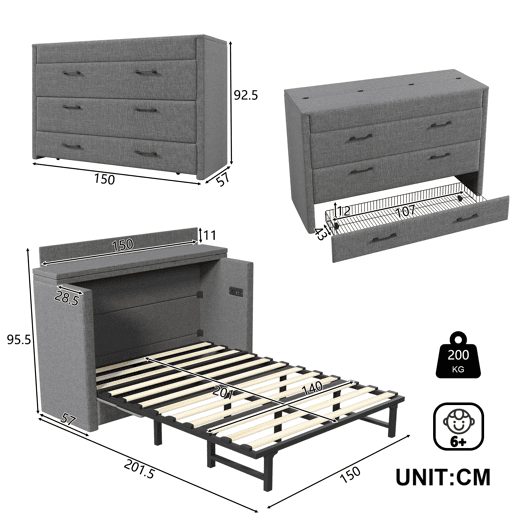 Cama armário 140x200 cm - Com gaveta, com ligações USB e tipo C, cinzento