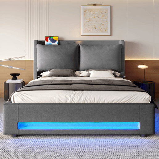 Cama com dossel 140x200 cm - Cabeceira estilizada, armazenamento, portas USB-C, iluminação LED, cinza