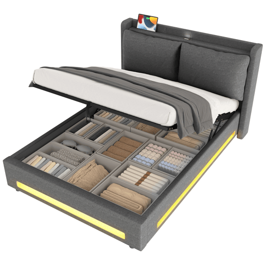 Cama com dossel 140x200 cm - Cabeceira estilizada, armazenamento, portas USB-C, iluminação LED, cinza