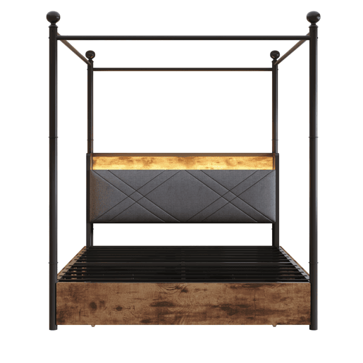 Cama multifuncional 140x190 - com arrumação, dossel de ferro, LED, portas USBType-C, 3 gavetas - preta