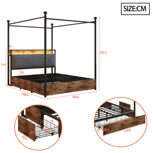 Cama multifuncional 140x190 - com arrumação, dossel de ferro, LED, portas USBType-C, 3 gavetas - preta