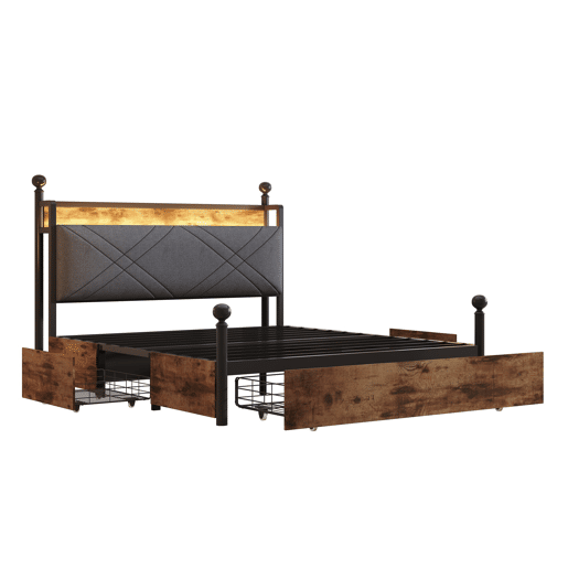 Cama multifuncional 140x190 - com arrumação, dossel de ferro, LED, portas USBType-C, 3 gavetas - preta