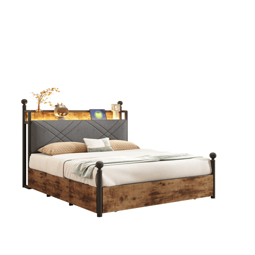 Cama multifuncional 140x190 - com arrumação, dossel de ferro, LED, portas USBType-C, 3 gavetas - preta