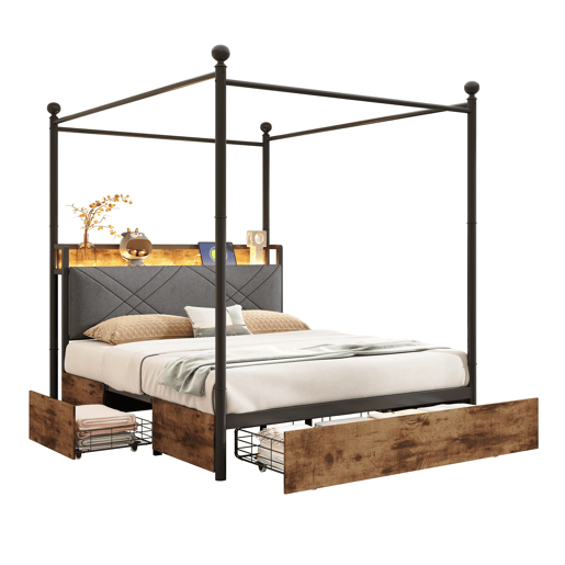 Cama multifuncional 140x190 - com arrumação, dossel de ferro, LED, portas USBType-C, 3 gavetas - preta