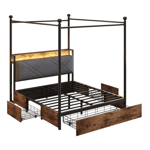 Cama multifuncional 140x190 - com arrumação, dossel de ferro, LED, portas USBType-C, 3 gavetas - preta