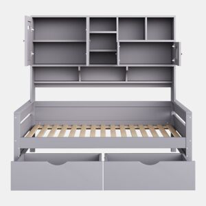 Sofá-cama de madeira 90x200 cm - Armazenamento multifuncional, gaveta grande, cama juvenil, estrado, cinzento