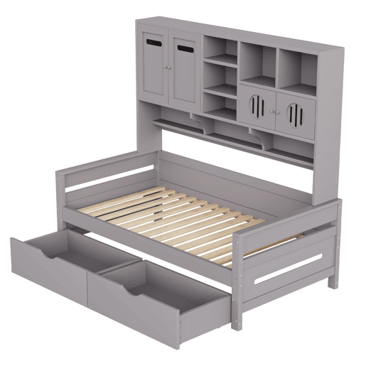 Sofá-cama de madeira 90x200 cm - Armazenamento multifuncional, gaveta grande, cama juvenil, estrado, cinzento Sofá-cama de madeira 90x200 cm - Armazenamento multifuncional, gaveta grande, cama juvenil, estrado, cinzento