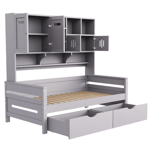 Sofá-cama de madeira 90x200 cm - Armazenamento multifuncional, gaveta grande, cama juvenil, estrado, cinzento Sofá-cama de madeira 90x200 cm - Armazenamento multifuncional, gaveta grande, cama juvenil, estrado, cinzento