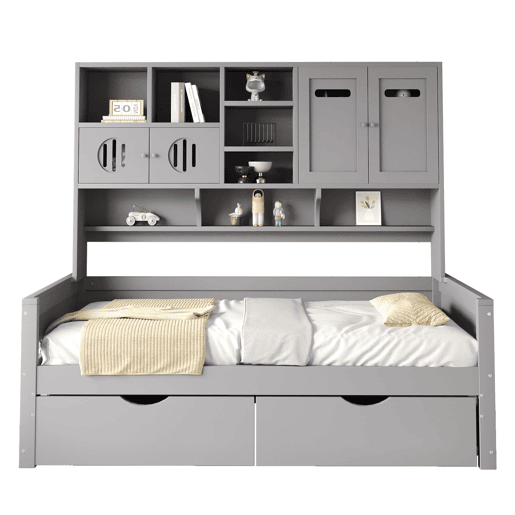 Sofá-cama de madeira 90x200 cm - Armazenamento multifuncional, gaveta grande, cama juvenil, estrado, cinzento Sofá-cama de madeira 90x200 cm - Armazenamento multifuncional, gaveta grande, cama juvenil, estrado, cinzento
