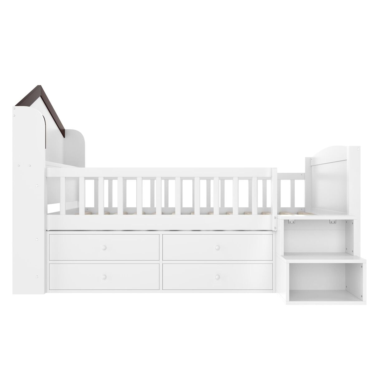 Cama semi alta 90x200 cm - forma de casa, ventana, 4 cajones, barra led, escalera de almacenamiento - blanco