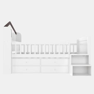 Cama semi-alta 90x200 cm - Forma de casa, janela, 4 gavetas, barra LED, escada de arrumação - Branco