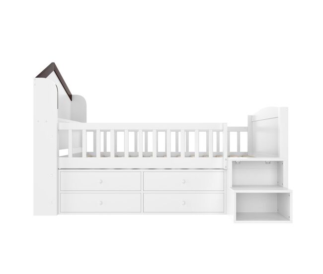Cama semi alta 90x200 cm - forma de casa, ventana, 4 cajones, barra led, escalera de almacenamiento - blanco