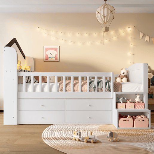 Cama semi-alta 90x200 cm - Forma de casa, janela, 4 gavetas, barra LED, escada de arrumação - Branco