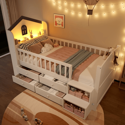 Cama semi-alta 90x200 cm - Forma de casa, janela, 4 gavetas, barra LED, escada de arrumação - Branco