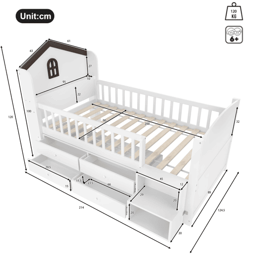 Cama semi-alta 90x200 cm - Forma de casa, janela, 4 gavetas, barra LED, escada de arrumação - Branco