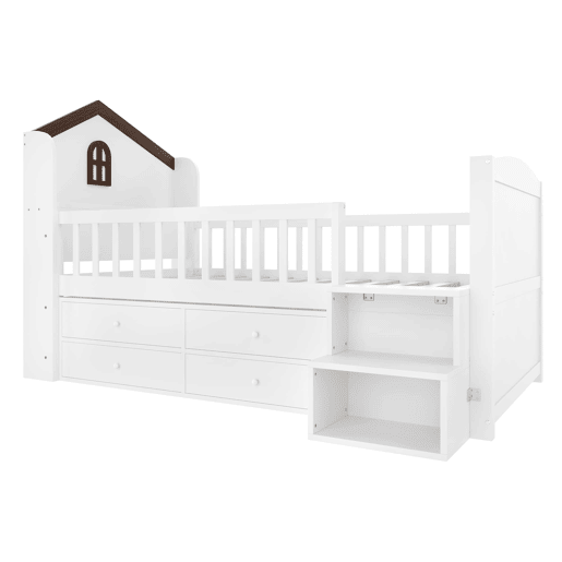 Cama semi-alta 90x200 cm - Forma de casa, janela, 4 gavetas, barra LED, escada de arrumação - Branco