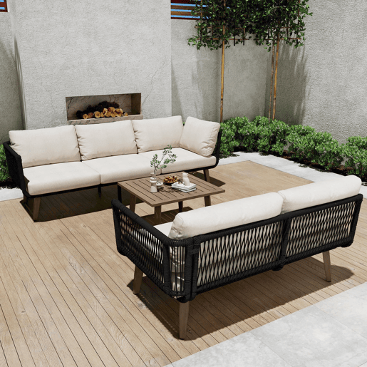 Conjunto de móveis de jardim 2 peças - Sofá + mesa de centro - Aço galvanizado, Olefina, Tecido trançado - Bege + Preto