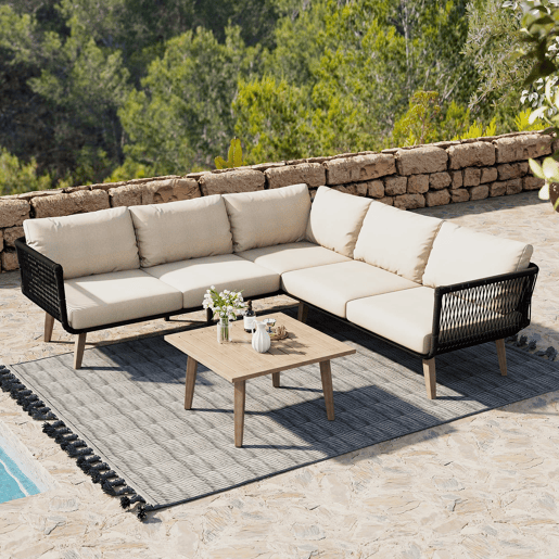 Conjunto de móveis de jardim 2 peças - Sofá + mesa de centro - Aço galvanizado, Olefina, Tecido trançado - Bege + Preto