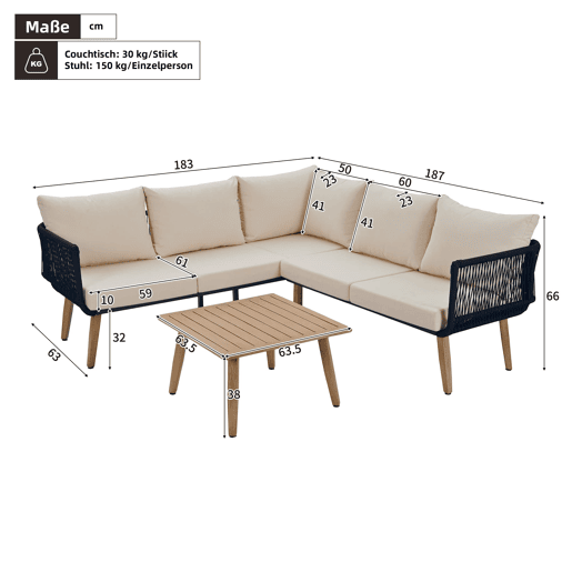 Conjunto de móveis de jardim 2 peças - Sofá + mesa de centro - Aço galvanizado, Olefina, Tecido trançado - Bege + Preto