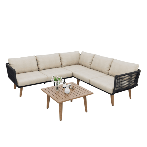 Conjunto de móveis de jardim 2 peças - Sofá + mesa de centro - Aço galvanizado, Olefina, Tecido trançado - Bege + Preto