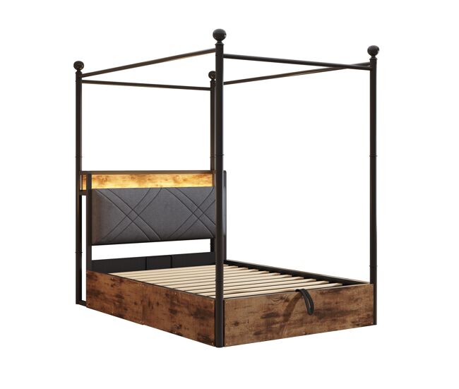 Cama individual multifuncional 90x190 - con almacenamiento hidráulico, dosel de hierro forjado, led y puertos usb/tipo-c - negra