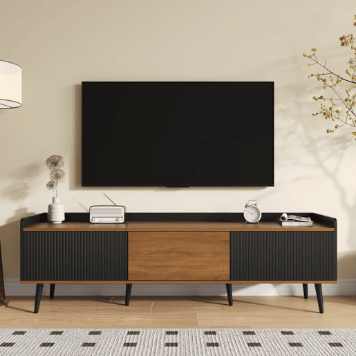Móvel de TV 160 cm - Design compacto, 3 portas - Preto e Natural Móvel de TV 160 cm - Design compacto, 3 portas - Preto e Natural