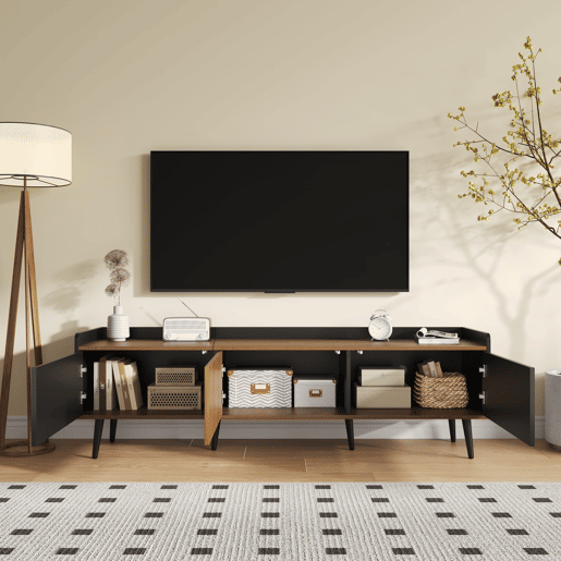 Móvel de TV 160 cm - Design compacto, 3 portas - Preto e Natural Móvel de TV 160 cm - Design compacto, 3 portas - Preto e Natural