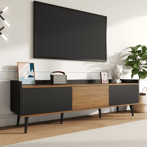 Móvel de TV 160 cm - Design compacto, 3 portas - Preto e Natural Móvel de TV 160 cm - Design compacto, 3 portas - Preto e Natural